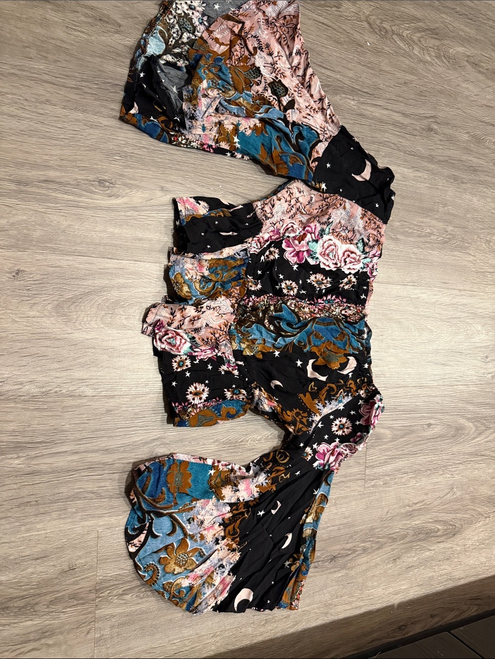 Jaase Black Floral Patchwork Crop Top with Pink, Blue & Brown Accents